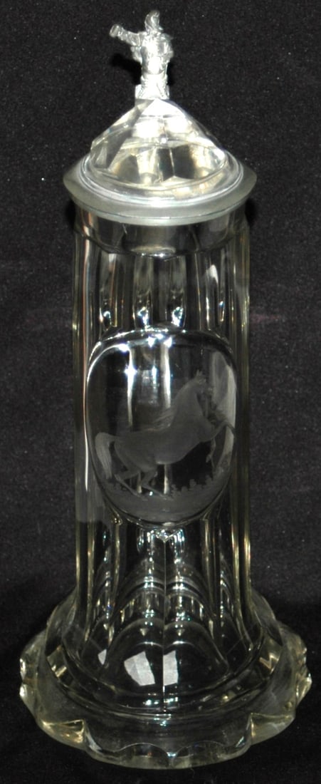 Intaglio Cut Horse on Glass Stein w Prism Lid (1 of 4)