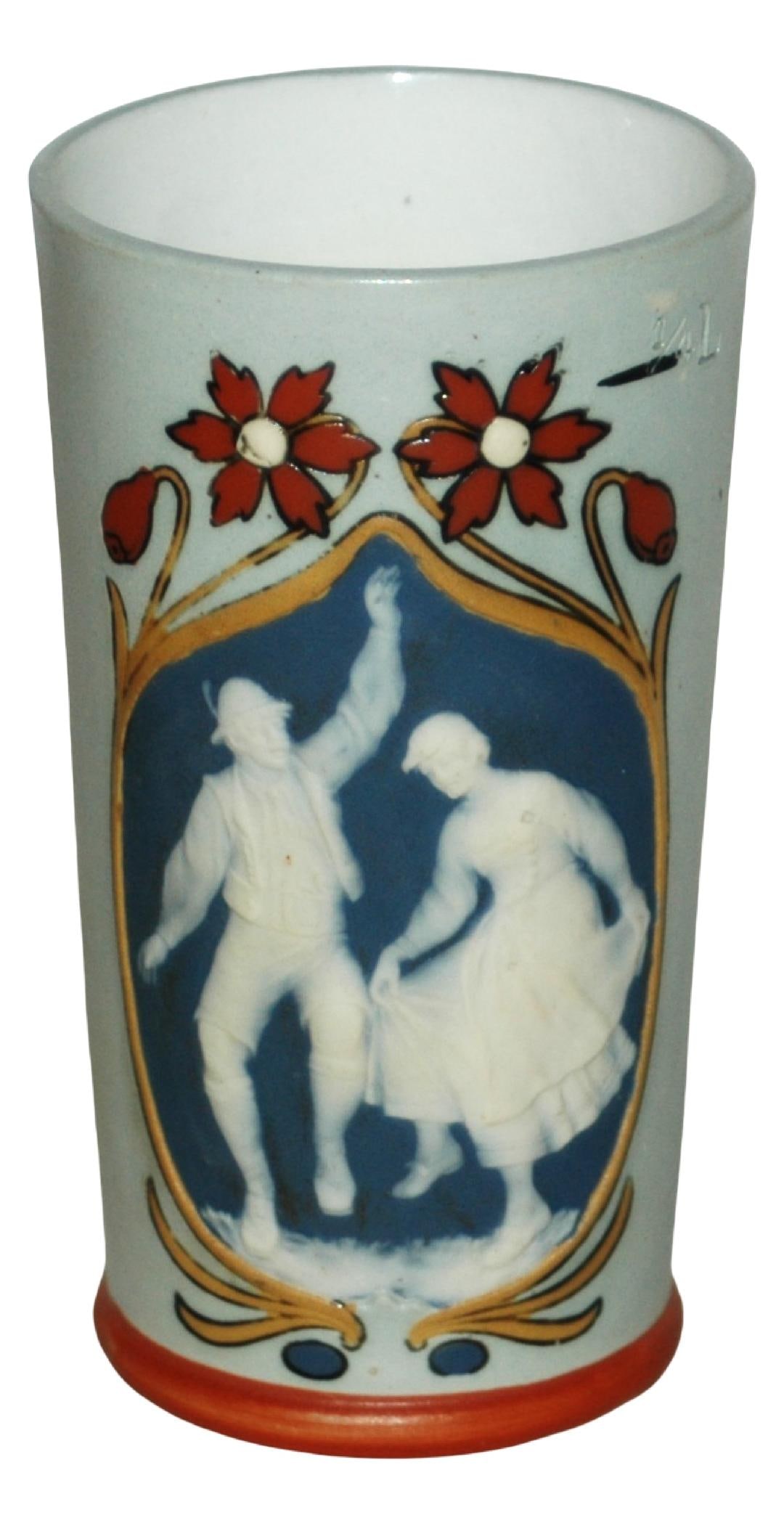 Mettlach Beaker, Dancing Couple: Mettlach #2816 Cameo 1/4L Beaker. Couple dancing. Mint.