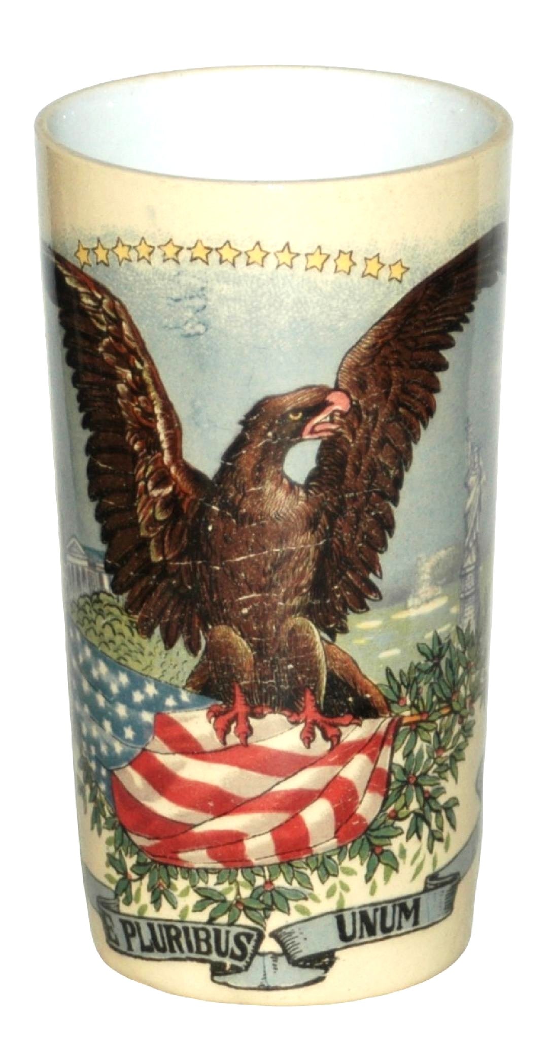Mettlach Beaker, American Eagle & Flag: Mettlach #2327/1302 PUG 1/4L Beaker. American eagle and flag. Mint.