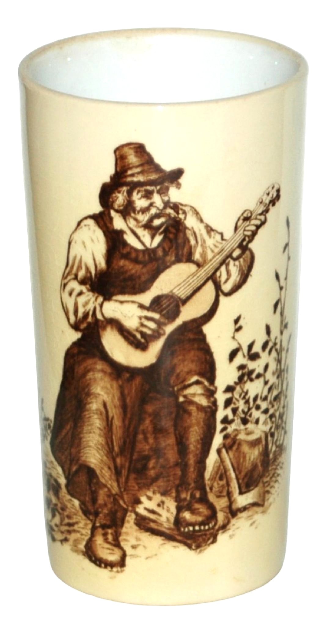 Mettlach Beaker, Musician Plays Guitar: Mettlach #2327/235 PUG 1/4L Beaker. Man plays guitar. Mint.