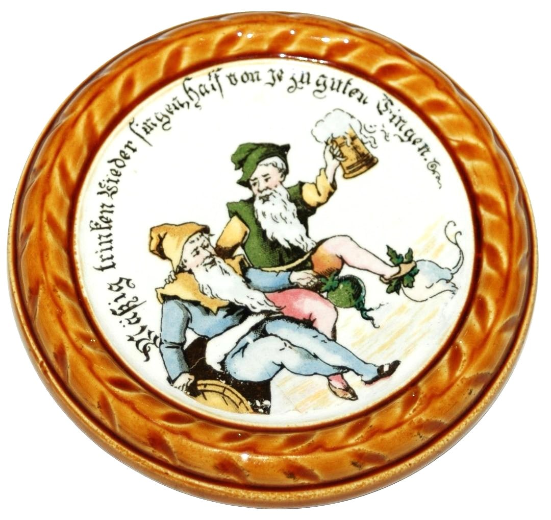 Mettlach Coaster, Drinking Dwarfs: Mettlach #1032 PUG 5” Coaster. Dwarfs drinking. Mint.