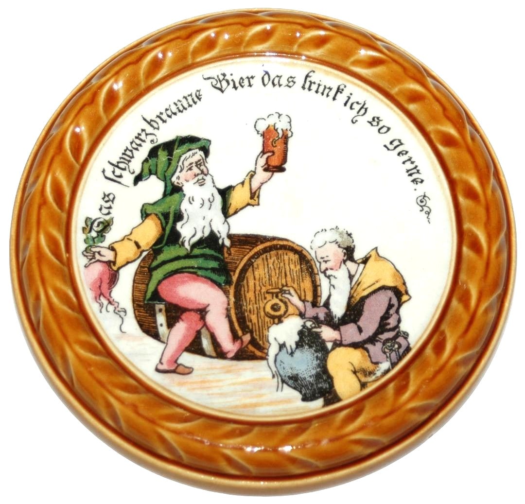 Mettlach Coaster, Dwarfs Tapping a Keg: Mettlach #1032 PUG 5” Coaster. Dwarfs tap keg. Mint.
