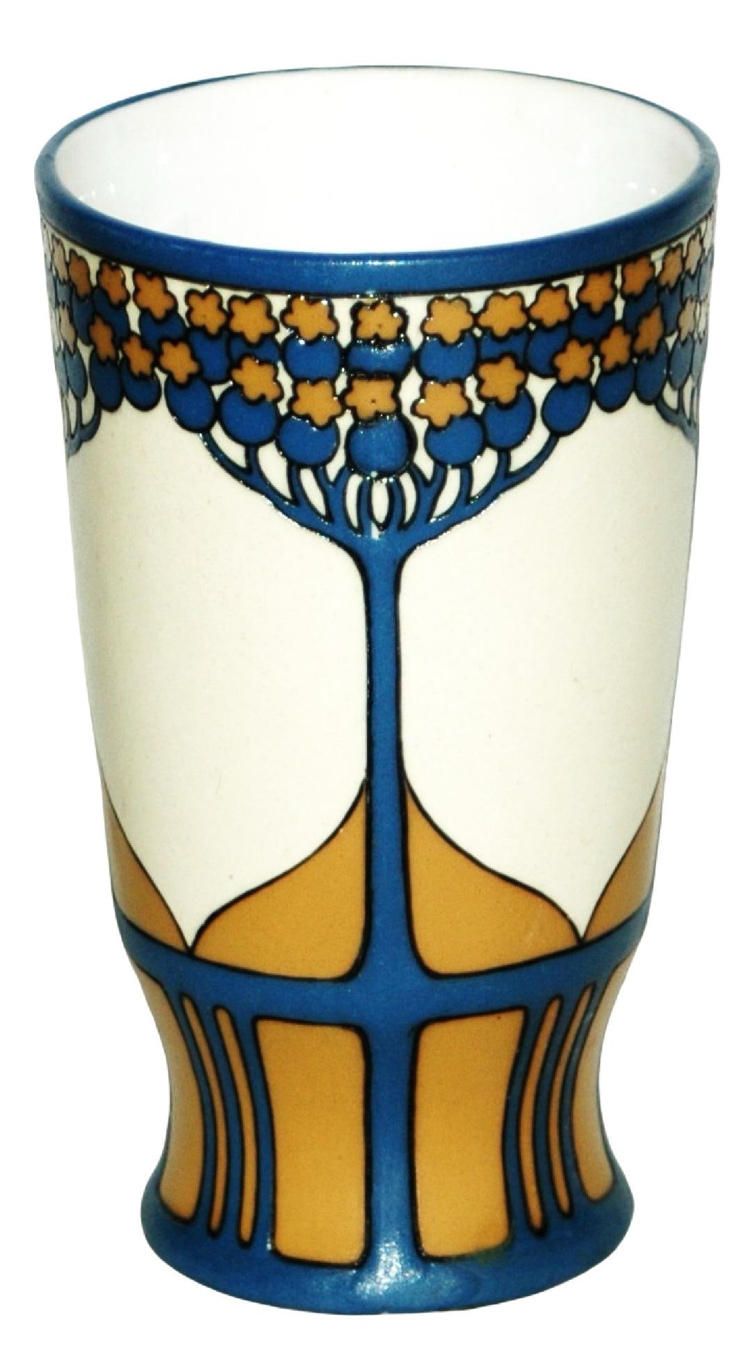 Mettlach Beaker, Art Nouveau Dinnerware Design: Mettlach #3365 Etched 1/4L Beaker. Art Nouveau from dinnerware set. Mint.