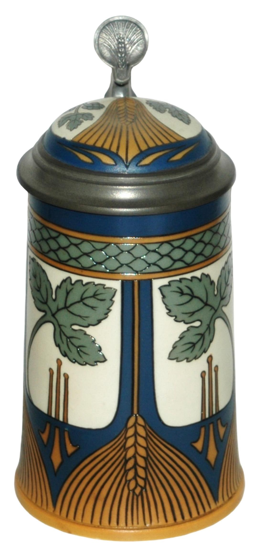 Mettlach Art Nouveau Floral Design Stein w Inlay: Mettlach #2935 Etched 1/2L. Art Nouveau floral design. Inlay lid. Mint.