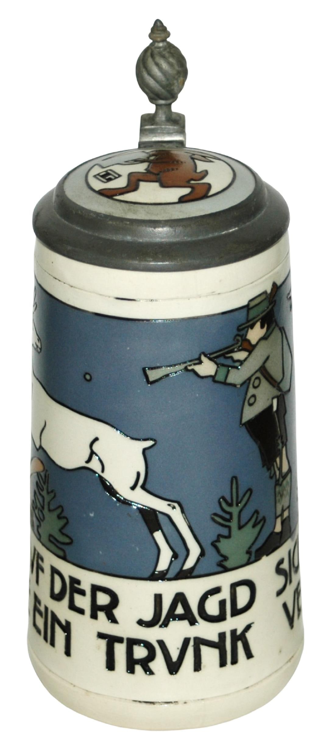 Mettlach Hohlwein Hunter Shoots Stag Stein: Mettlach #3171 Etched 1/2L. Hohlwein. Hunter shoots at stag at night. Inlay lid. Mint.
