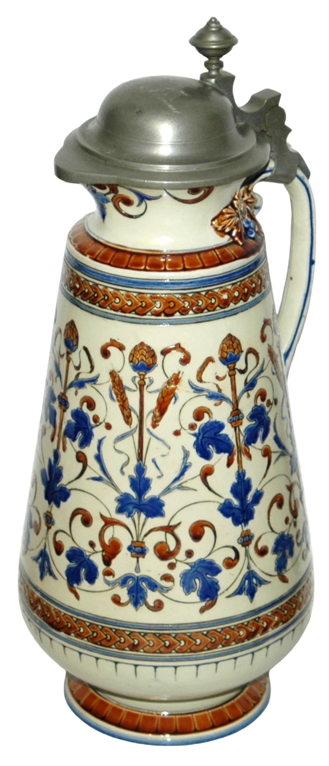 3-1/2L Mettlach Busy Wrapped Floral Pattern Stein: Mettlach #1102 Etched 3 1/2L. Busy floral pattern around body. Original pewter lid. Mint.