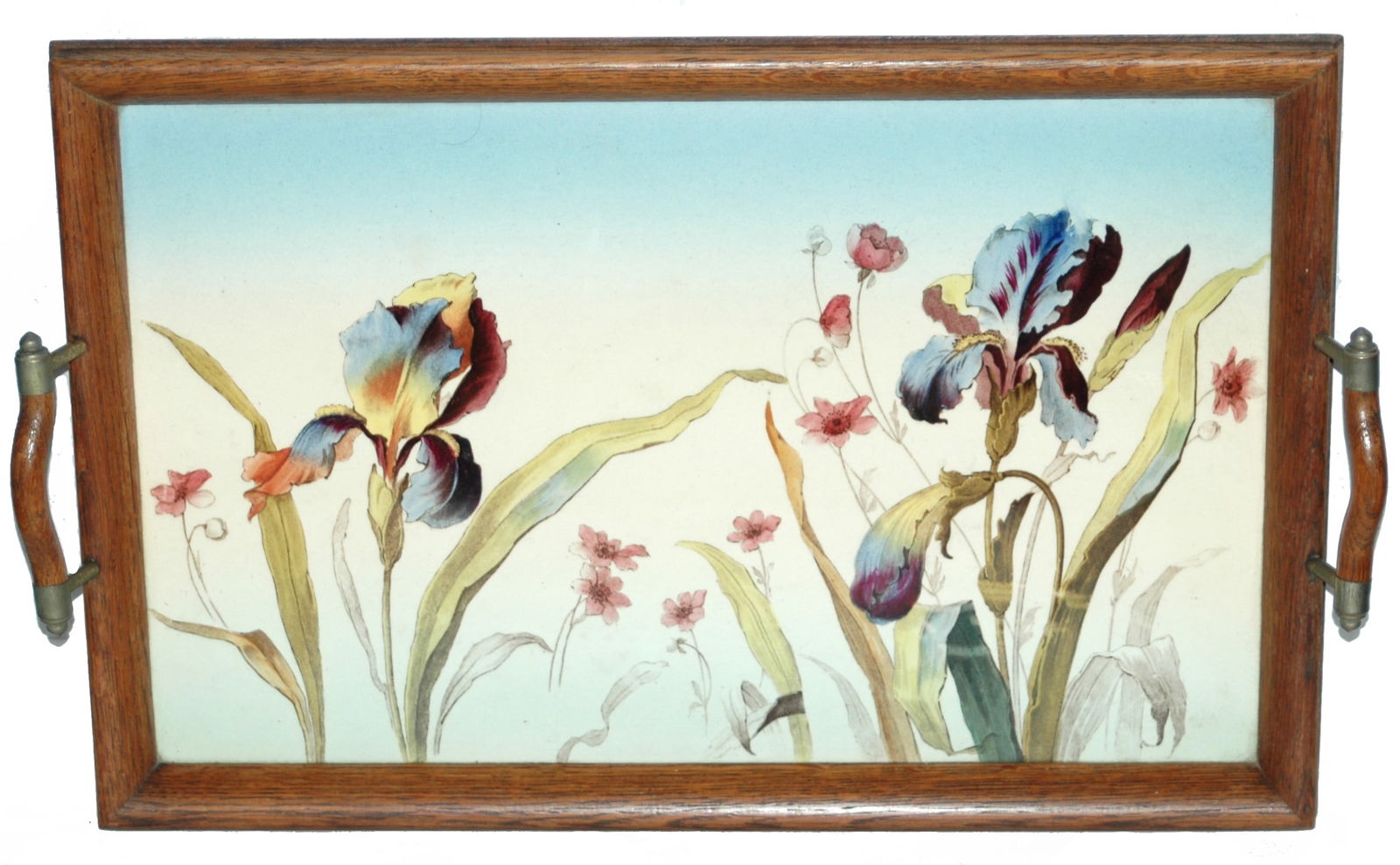 Mettlach Iris Floral Serving Trayw Wood Frame: Mettlach PUG 16” by 10 ½” Serving tray. Wood frame. Iris floral design. Mint.