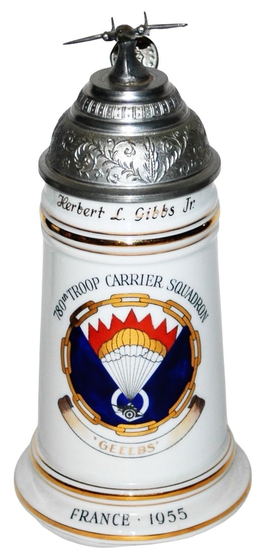 US Cold War Regimental Troop Carrier SQ Stein: American Cold War Regimental 1/2L Porcelain. “780th Troop Carrier Squadron France 1955.” Mint.