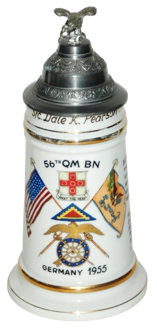 US Cold War Regimental Stein Honors WWII: American Cold War Regimental 1/2L Porcelain. “56th QM BN Germany 1955.” History and Battle Honors World War II.