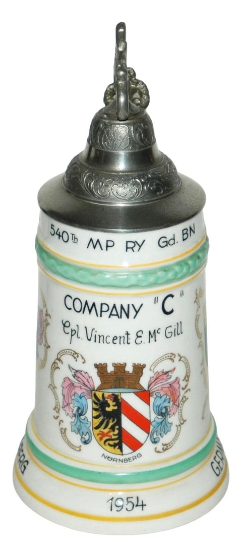 US Cold War Regimental 540th MP Stein: American Cold War Regimental 1/2L Porcelain. “540th MP RY Gd. BN Company C Nuerberg Germany 1954.” Mint.