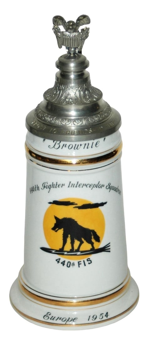 US Cold War Regimental Fighter Interceptor Stein: American Cold War Regimental 1/2L Porcelain. “440th Fighter Interceptor Squadron Europe 1954.” Mint.