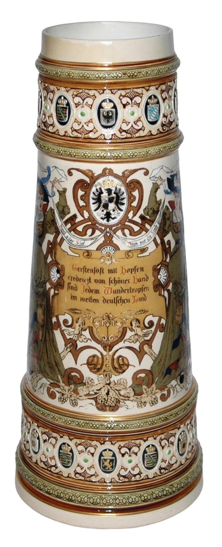 7L Mettlach Women Verse & State Shields Stein: Mettlach #1161 Etched 7L. Women, verse and state shields. No lid. Mint.