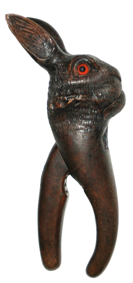 Black Forest Carved Rabbit Nutcracker wGlass Eyes: Black Forest Carved Wood 9” Nutcracker. Long eared rabbit with glass eyes.