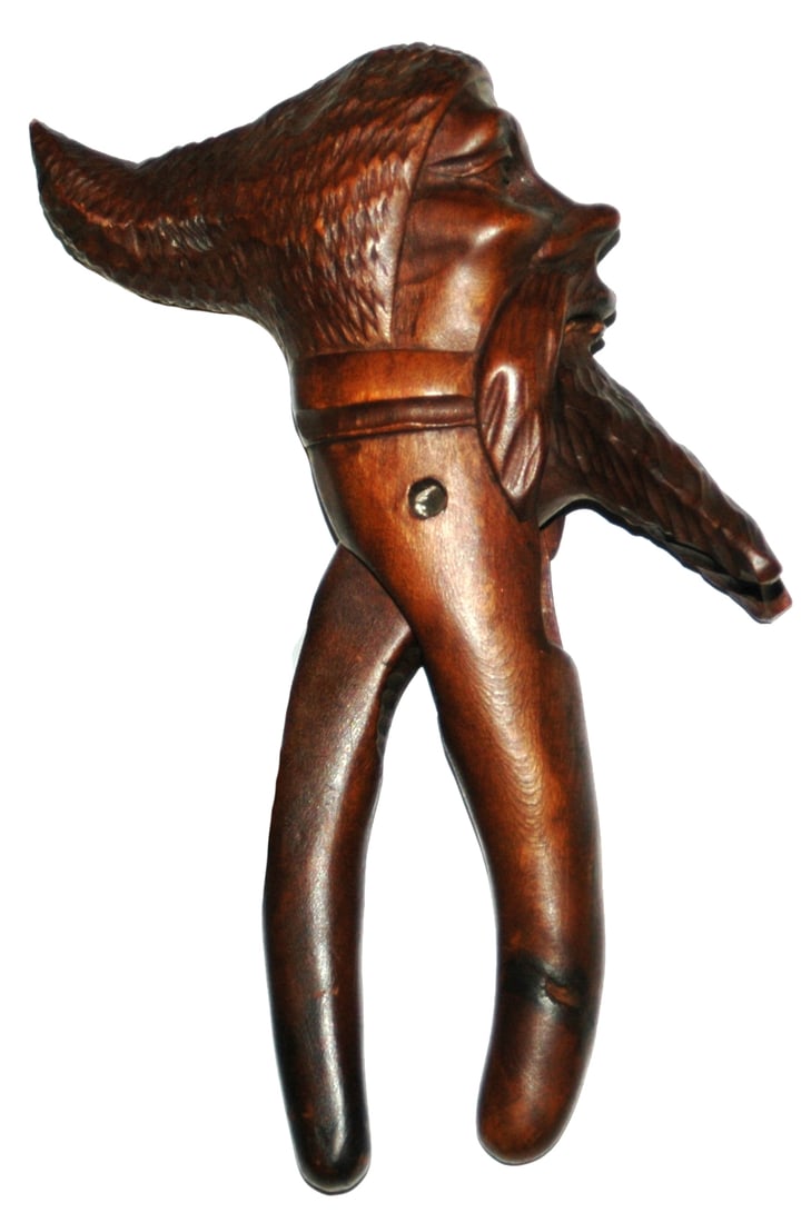 Black Forest Carved Bearded Dwarf Nutcracker: Black Forest Carved Wood 8” Nutcracker. Bearded dwarf with hood.