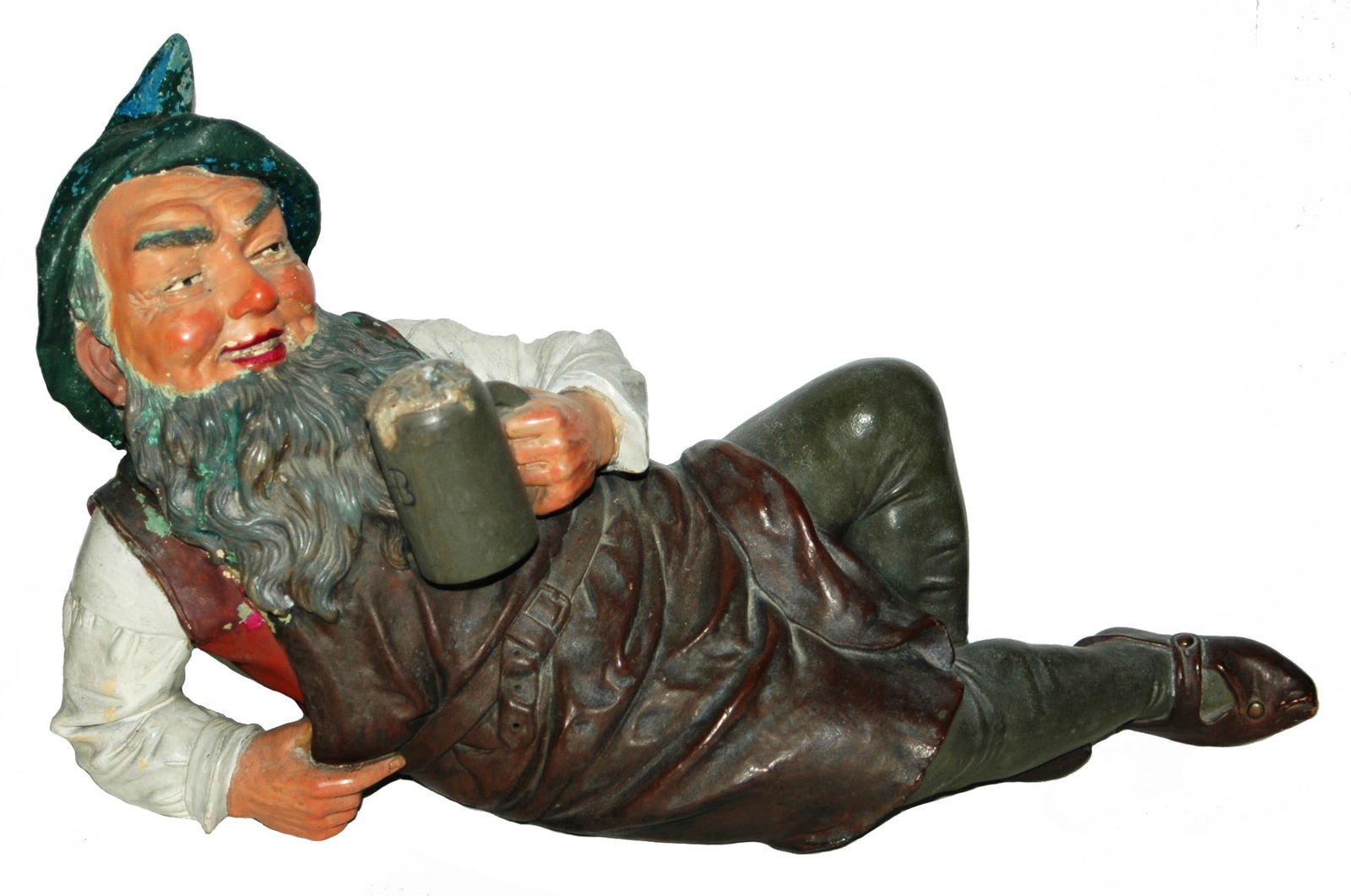 Terracotta 20" Reclining Dwarf w Beer Stein Figure: Terracotta 20” by 10 ½” Figure. Reclining dwarf with stein.