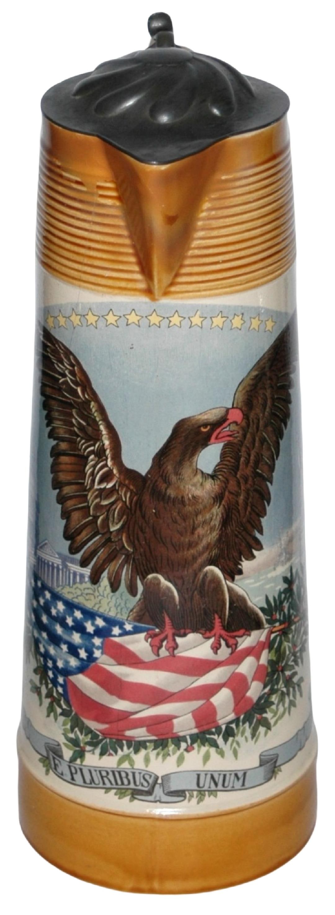3L Mettlach USA Eagle & Flag Stein: Mettlach #2893/1302 PUG 3L. American eagle and flag.