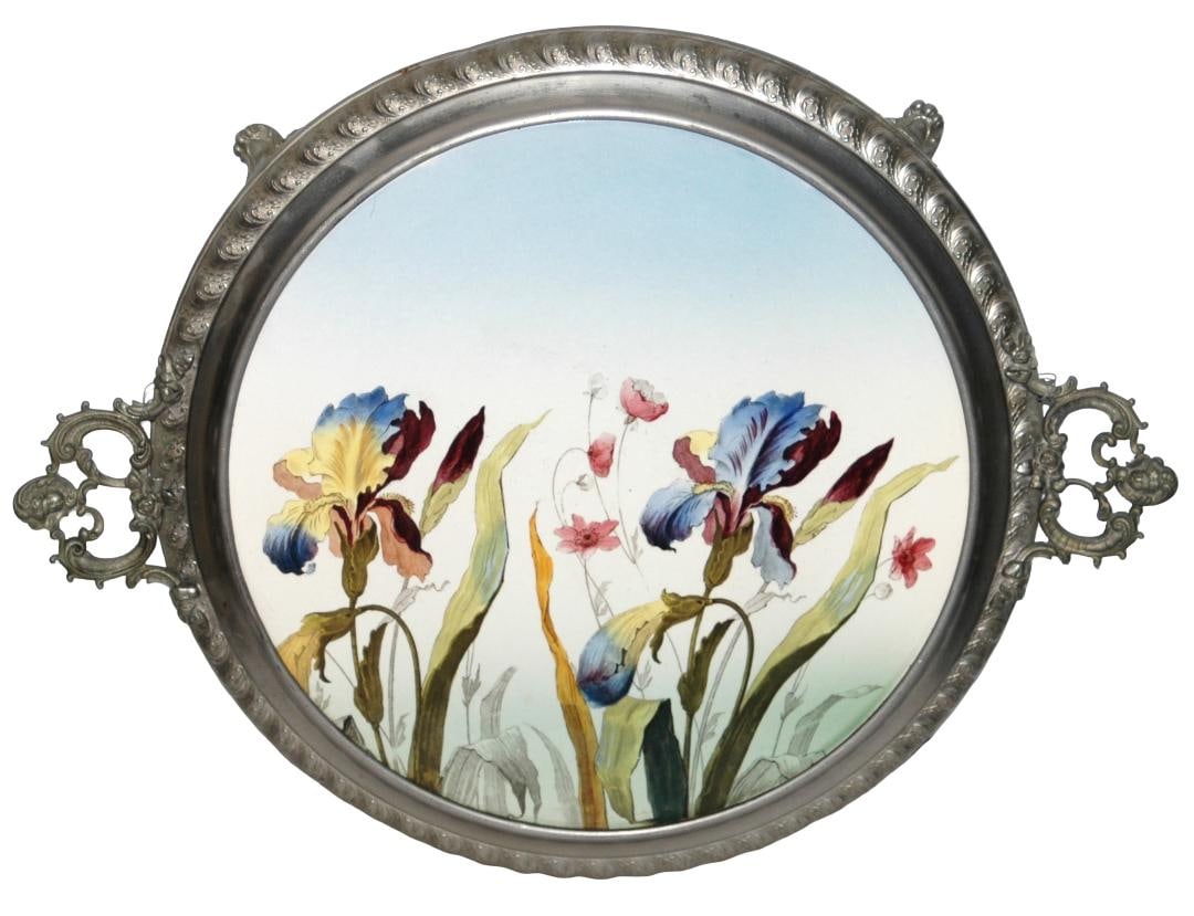 Mettlach Iris Floral Serving Tray Footed Metal Rim: Mettlach PUG 15” Serving Tray. Fancy relief metal rim on four feet. Iris floral design. Mint.