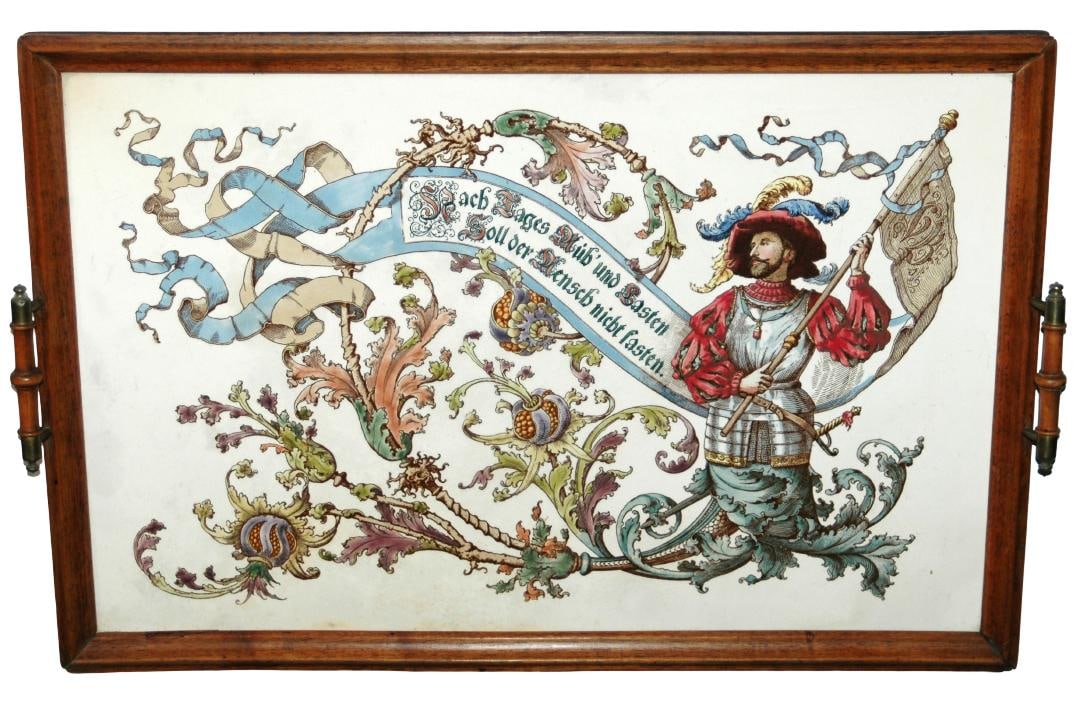 Mettlach Landsknechet Floral Serving Tray w Frame: Mettlach PUG 23” by 16” Serving Tray. Landsknecht, floral and verse. Wood frame. Mint.