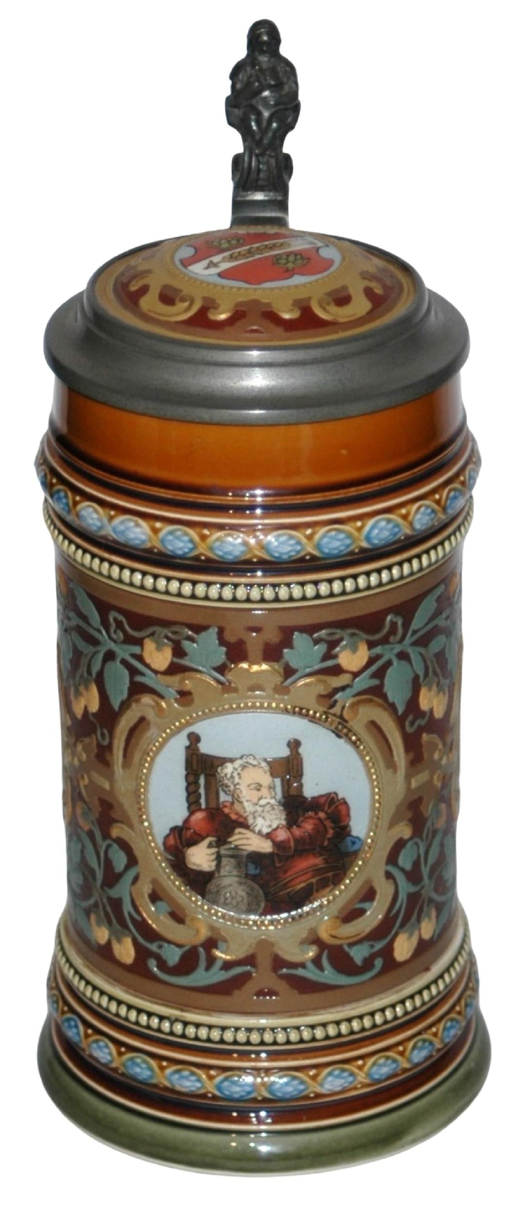 Mettlach Stein w Three Circle Panel Scenes & Inlay: Mettlach #1999 Etched 1/2L. Three circle panels of men. Inlay lid. Mint.