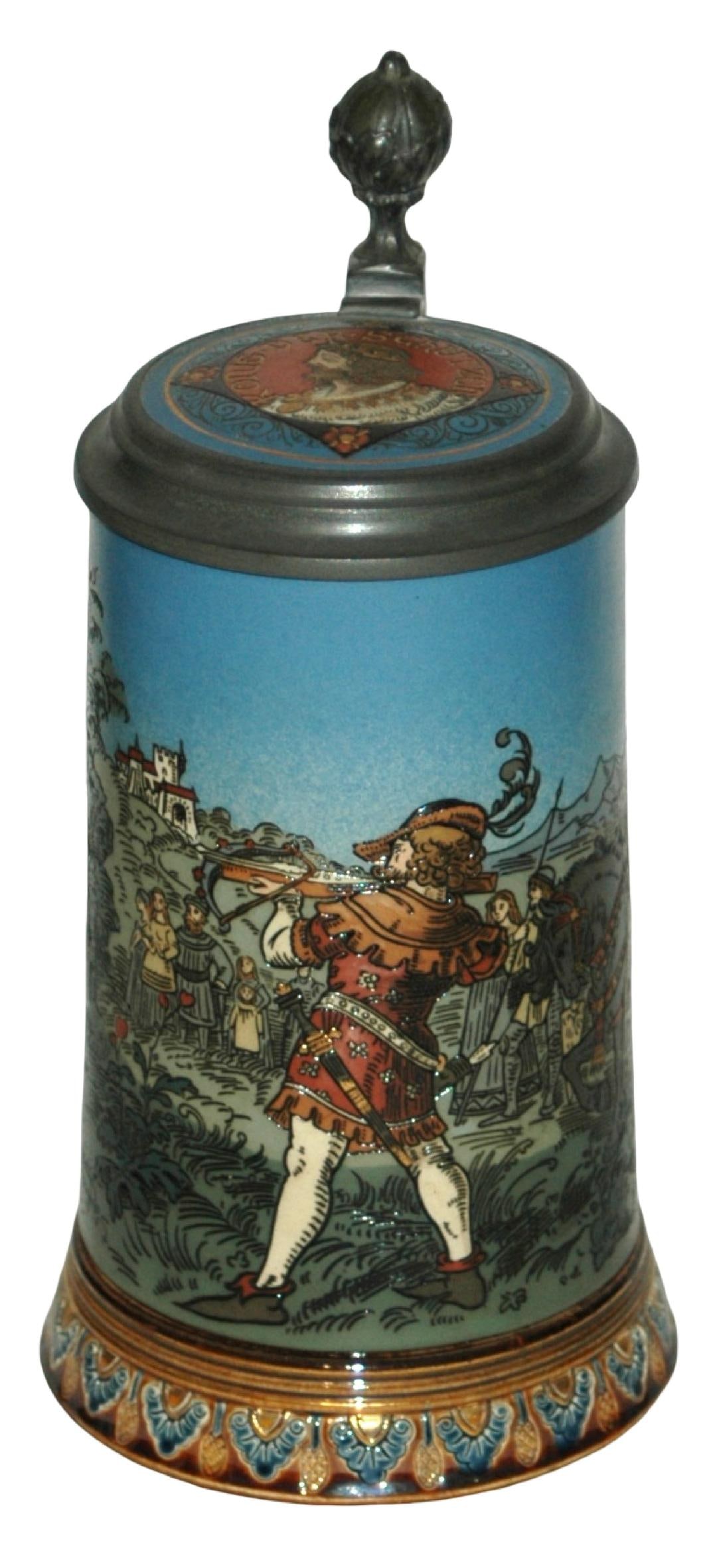 Mettlach William Tell Shoots Apple Stein w Inlay: Mettlach #2082 Etched 1/2L. William Tell shoots apple off sons head. Inlay lid. Mint.