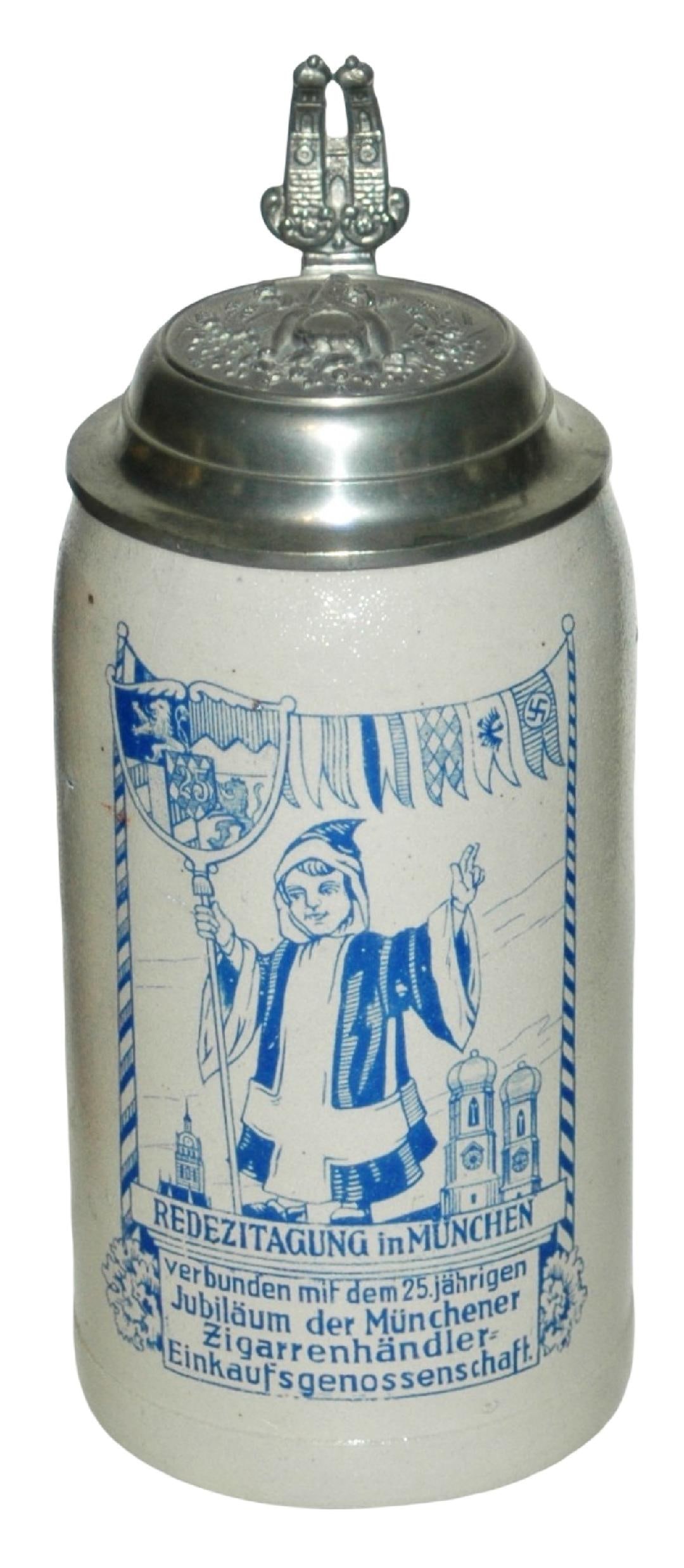 1L Munich Child Bavarian Shield Stein Gambrinus Ld: Stoneware POG 1L. Munich Child holds Bavarian shield. Verse translates “25th Anniversary Conference of Cigar Dealers in Munich. Relief pewter lid of Gambrinus. Mint.