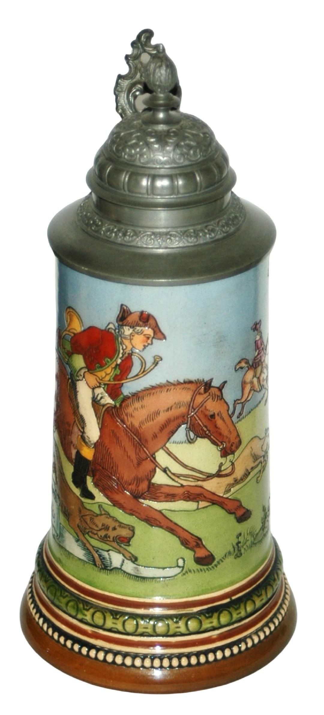 HR Fox Hunt on Horseback Stein w Fancy Lid: Pottery HR #520 Etched 1/2L. Fox hunt on horseback. Fancy relief pewter lid. Mint.