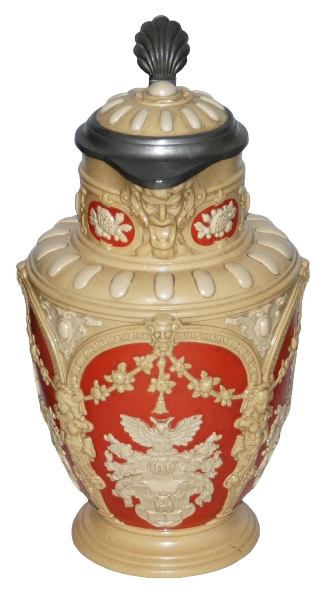 Mettlach Sheilds & Floral Stein w Inlay Lid: Mettlach #2076 Relief 1 1/2L. Shields and floral design. Inlay lid. Mint.