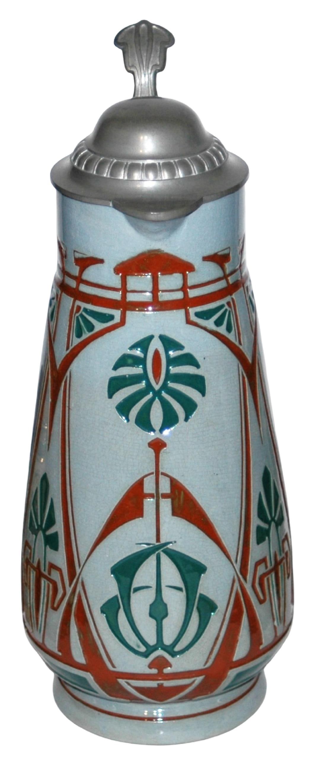 2-1/2L Art Nouveau Design Stein: Pottery Molded 2 1/2L. Attractive Art Nouveau design. Mint.