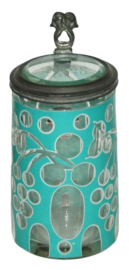 Double Overlay 4/10L Bohemian Glass 1890 Stein: Blown Double Enamel Overlay Glass 4/10L. Aqua over white over clear. Glass inlay lid. Bohemian circa 1890. Mint.