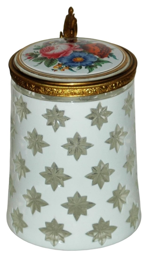 Overlay Bohemian Cut Glass Stein w Fancy Mounts: Blown Overlay Glass 1/2L. White over clear. Fancy relief brass mounts. Cut star pattern. Enameled inlay lid. Bohemian circa 1860. Mint.