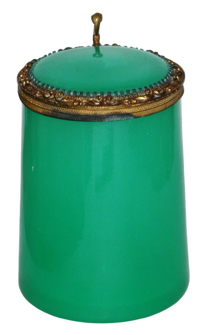 Opaline Glass Stein & Inlay w Fancy Brass Mounts: Blown Green Opaline Glass 1/2L. Fancy relief brass mounts with matching glass inlay lid. Mint.