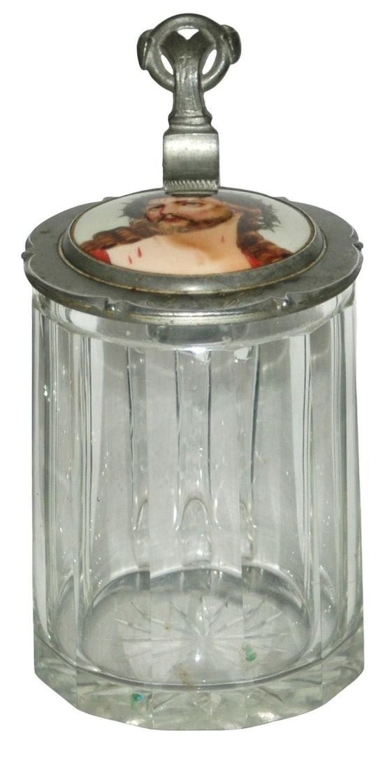Blown Glass Stein w inlat Lid of Christ: Blown Glass 1/2L. Porcelain inlay lid of Christ. Mint.