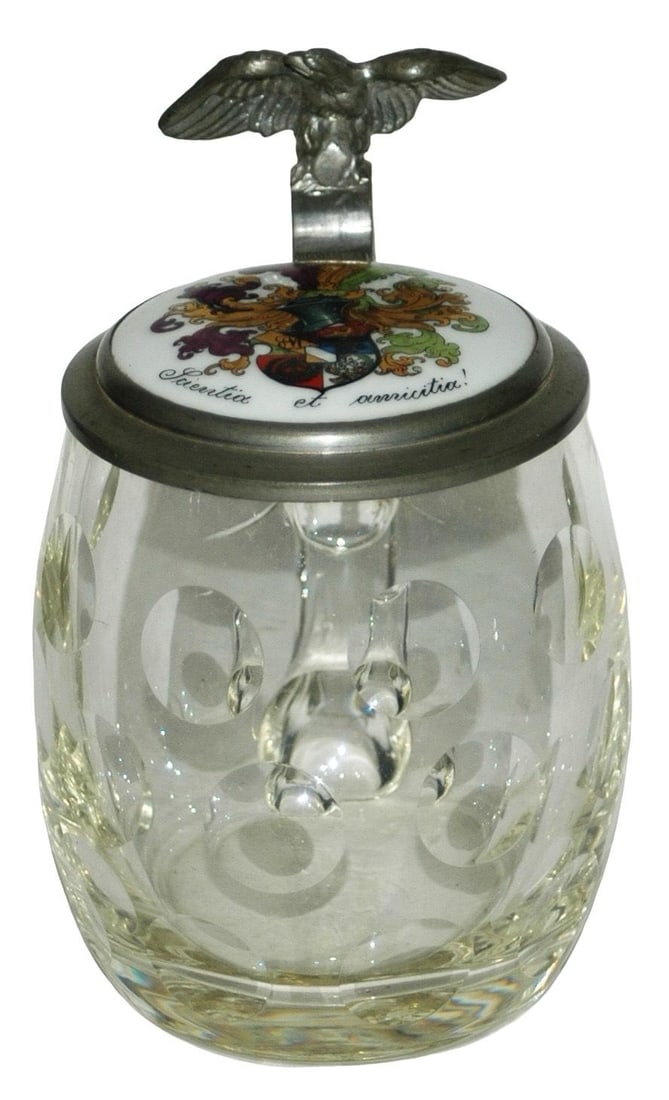 Stein w Dueling Fraternal Merovingia 1923 Lid: Blown Glass 1/2L. Dueling fraternal inlay lid. “Merovingia sei’s Panier! 1923” Mint.