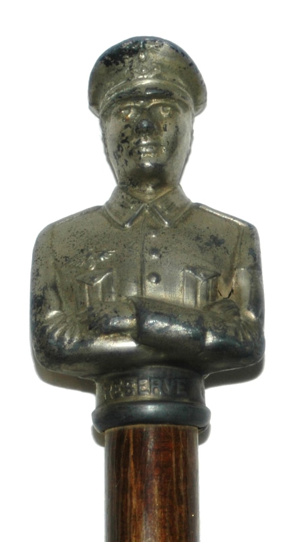 German Military Uniformed Reservist Soldier Cane: Reservist Soldiers 36” Cane. Metal man wearing German military uniform. Normal wear.