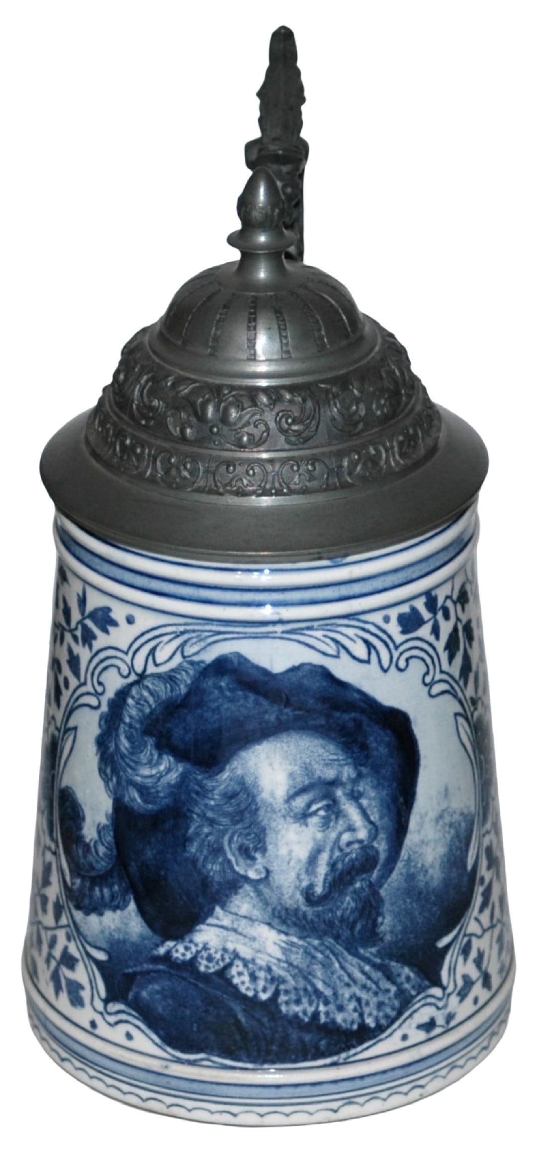Royal Bonn Man in Hat in Blue Coloring Stein: Pottery Royal Bonn PUG 1/2L. Man wears feathered hat in blue coloring. Mint.