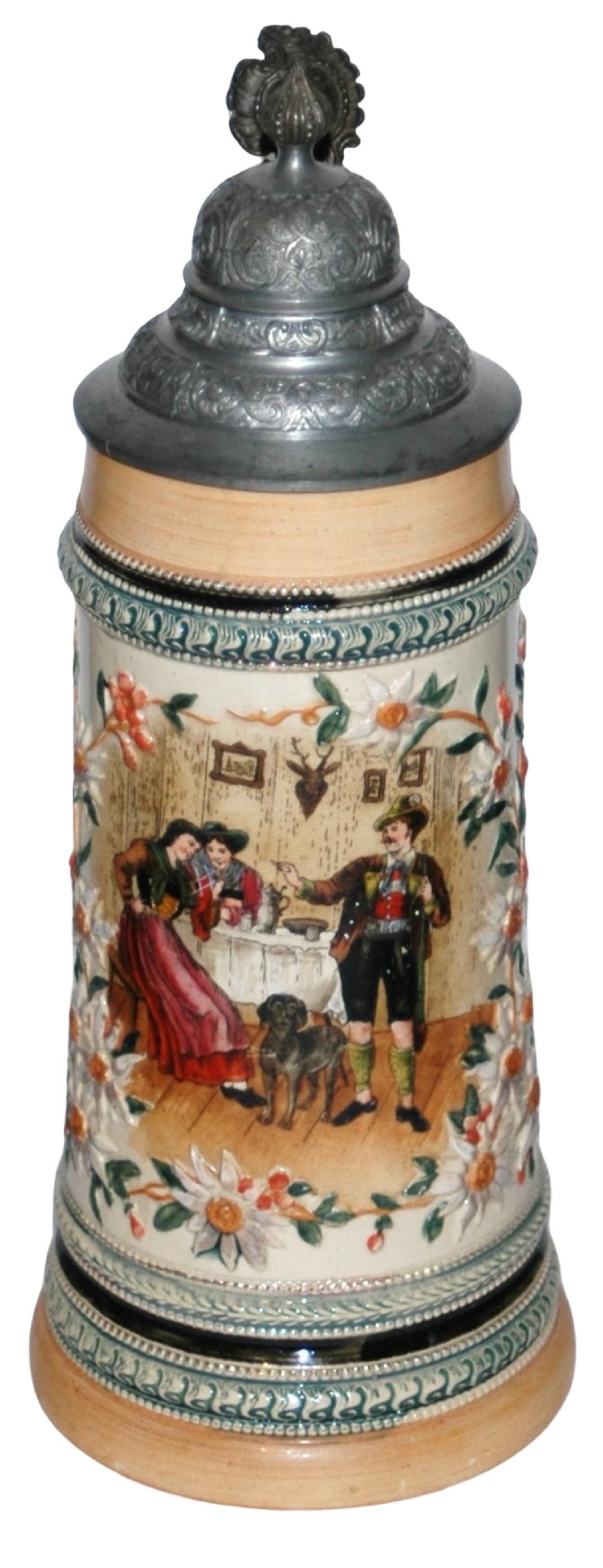 1L Hunter in Tavern w Edelweiss Diesinger Stein: Pottery Diesinger Relief & POG 1L. Hunter in tavern. Edelweiss around body. Mint.