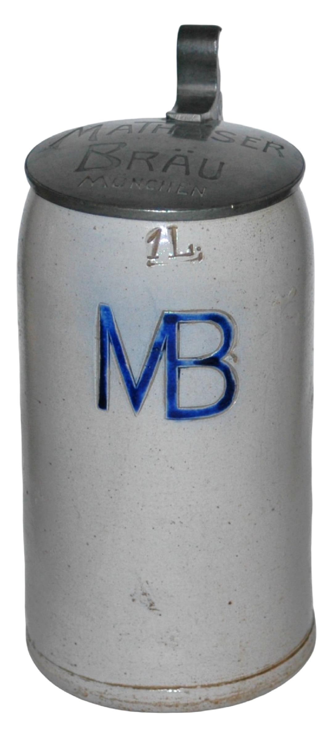 1L Mathaser Brau Munich Brewery Stein & Lid: Stoneware Impressed 1L. Mathaser Brau Munchen. Matching logo lid.