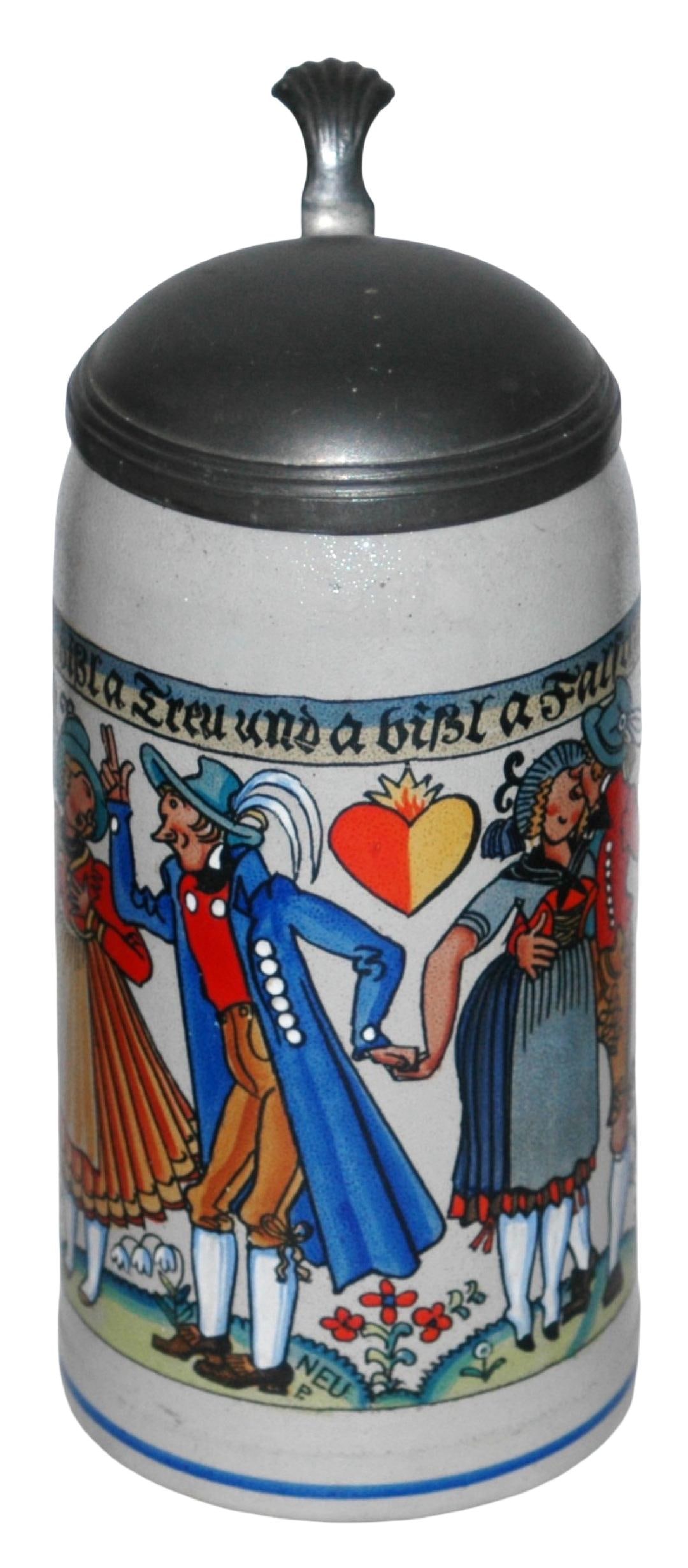 1L Colorful Group of Partyers SIgned P. Nue Stein: Stoneware POG 1L. Colorful group of party goers. Signed P. Nue. Mint.