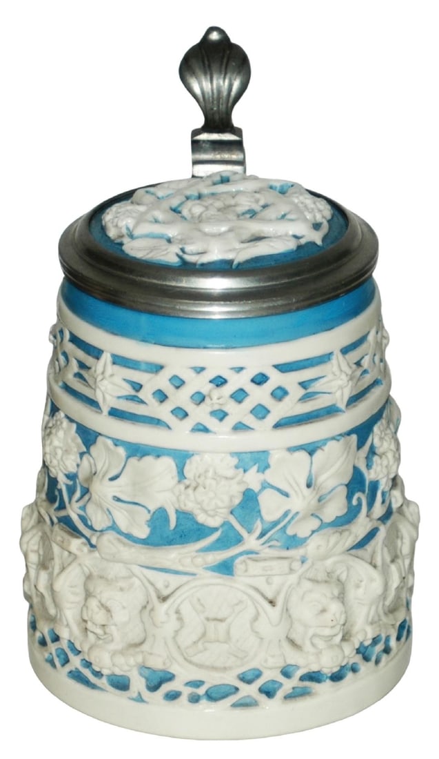 Mettlach Parian Cat Faces & Floral Stein & Lid: Mettlach Parian Relief 1/2L. Cat faces and floral design. Matching inlay lid.