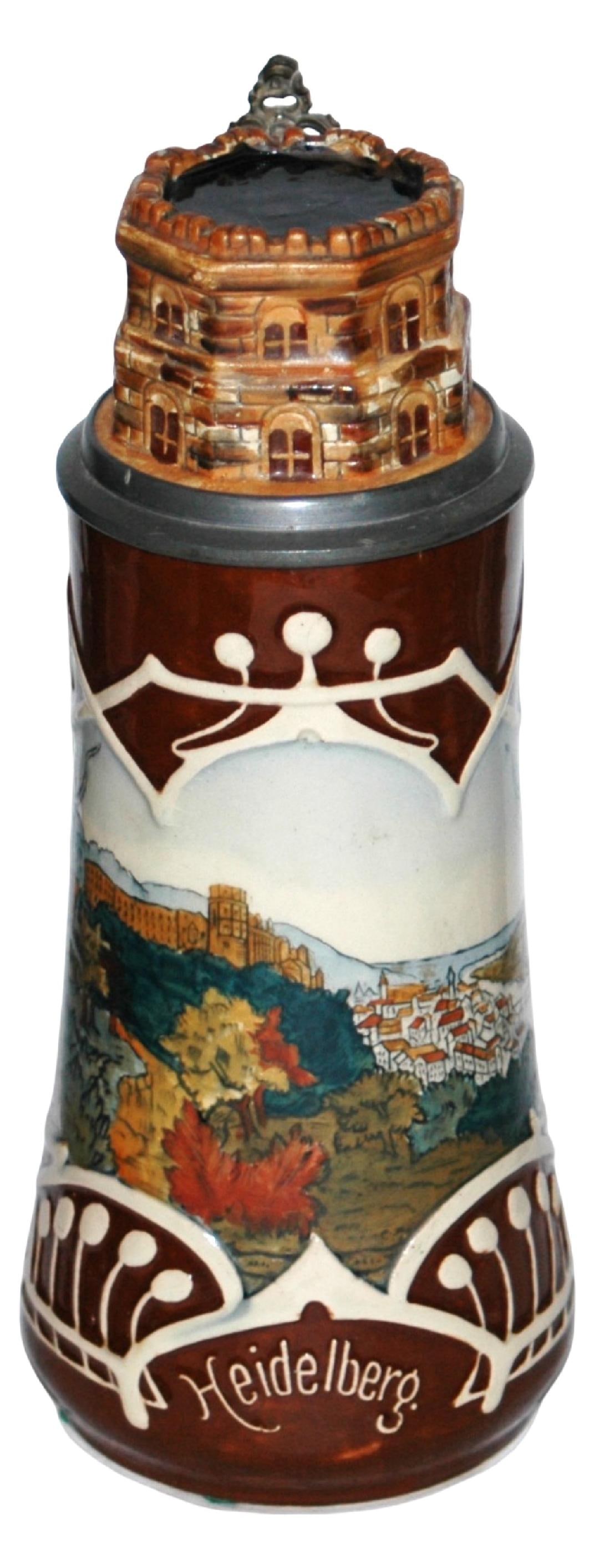 Heidelberg Castle & Verse Stein w Turret Inlay Lid: Pottery POG 1/2L. Heidelberg castle and rear verses. Turret inlay lid. Mint.