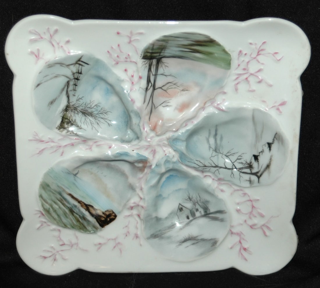 Limoges Haviland Landscapes Oyster Plate: Porcelain Limoges Haviland 8 1/2” Oyster Plate. Five wells. Landscape designs. Mint.