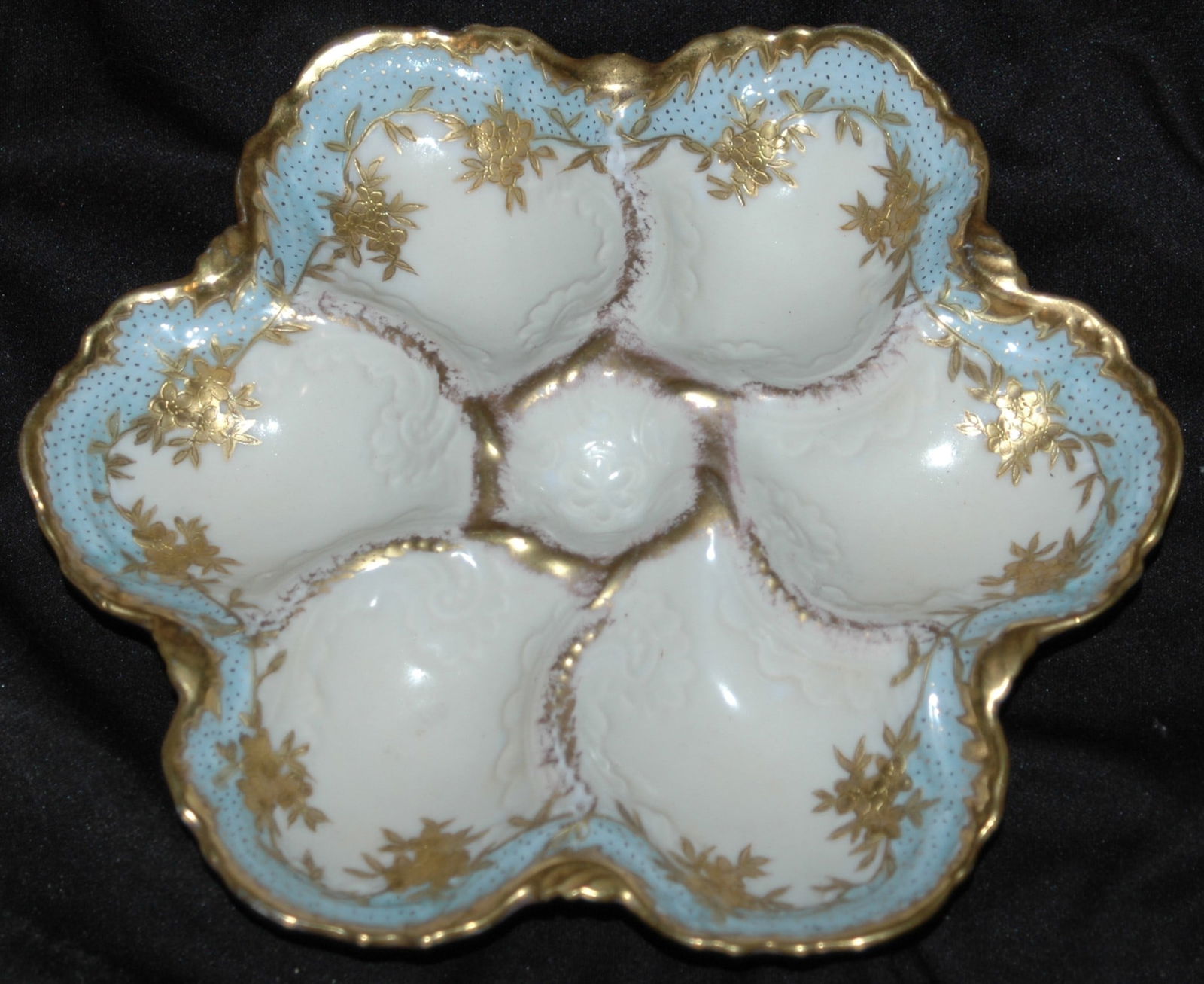 Delicate Gilded Floral Limoges Oyster Plate: Porcelain Limoges 9 1/2” Oyster Plate. Six wells. Delicate gilded floral design. Mint.