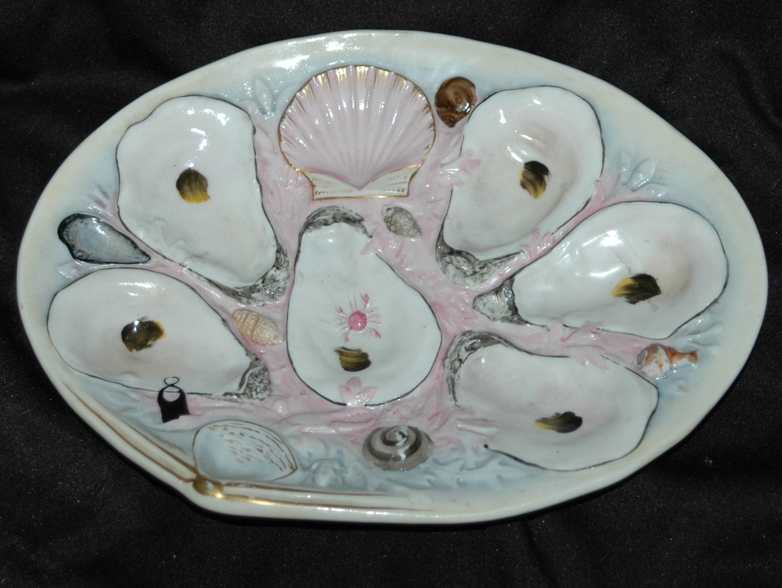Union Porcelain Works Shell Shape Oyster Plate1881: Porcelain Union Porcelin Works 10” Oyster Plate. Seven shell shaped wells. Pat. 1881. Mint.