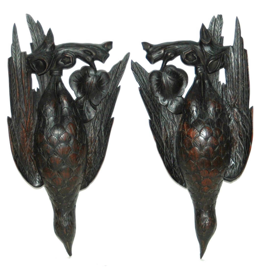 PAIR Black Forest Carved Hanging Game Birds: Pair of 14 1/2” Black Forest Carved Wood Hanging Birds.