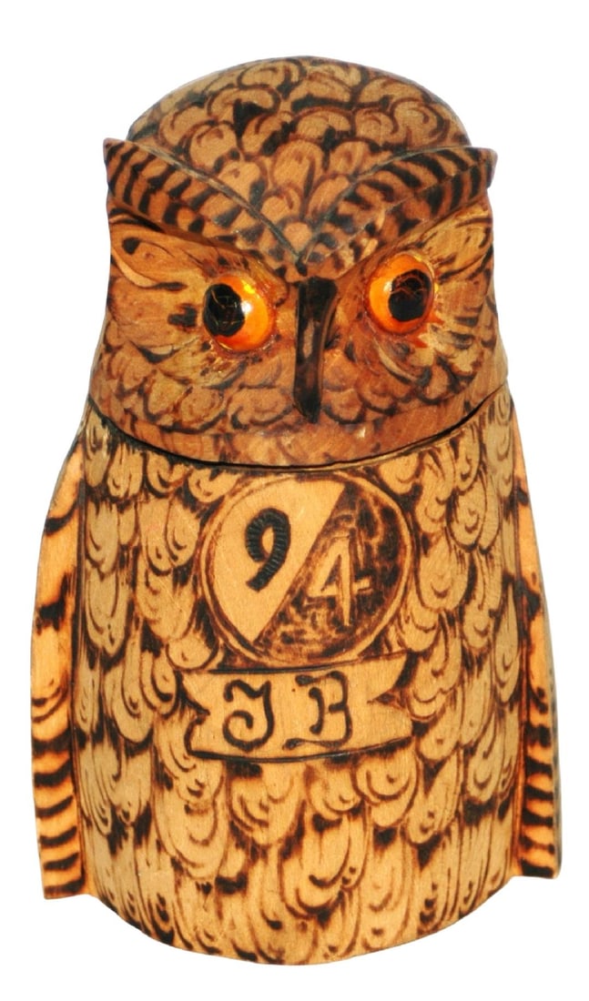 1/4L Carved Pyro Owl Character Stein Uncommon: Character Stein 5” Carved Wood 1/4L. Pyro owl. Very good condition. Uncommon small size.