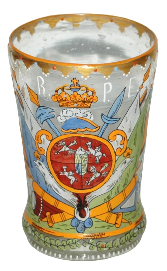 Heckert Beaker w Enamel Glass Shield & Flags: Blown Glass 4 ¼” Beaker. Fritz Heckert. Enameled shield and flags. Mint.