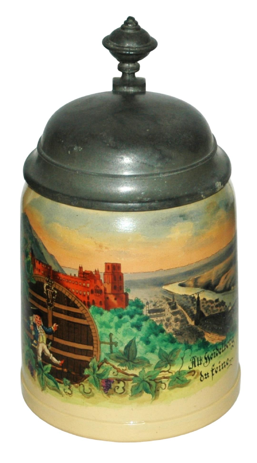 Mettlach Heidelberg Castle & Perkeo w Barrel Stein: Mettlach #1526 POG 1/2L. Heidelberg castle and Perkeo by huge barrel. Mint.