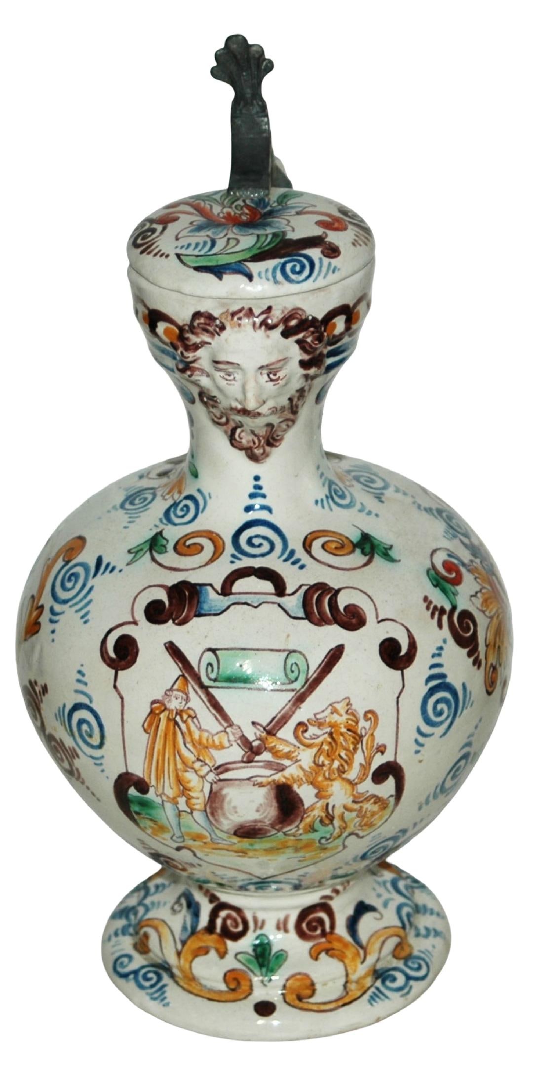 1L French Faience c.1890 Man Lion & Floral Stein (1 of 6)