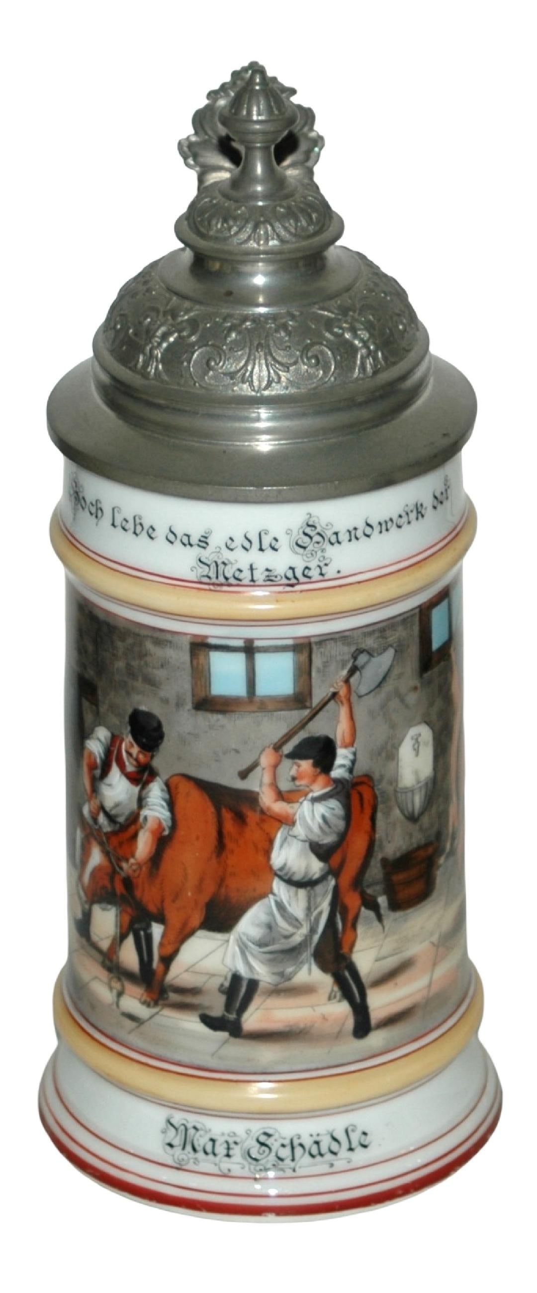 Occupational Butcher Cow being Butchered Stein: Occupational Stein 1/2L Porcelain. Butcher, Max Scadle. Cow being butchered. Litho. Mint.