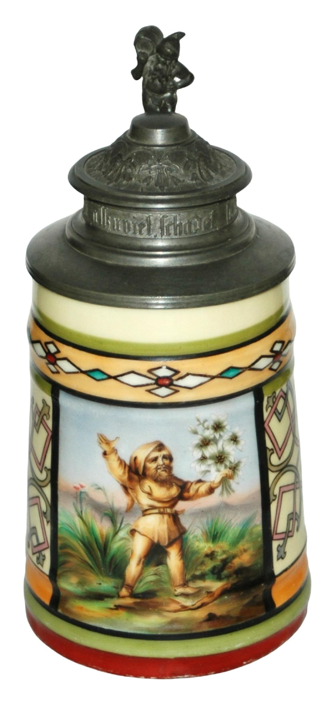 Dwarf w Flowers Stein w Fancy Pewter Lid: Porcelain POG 1/2L. Dwarf holds flowers. Fancy relief pewter lid. Mint.